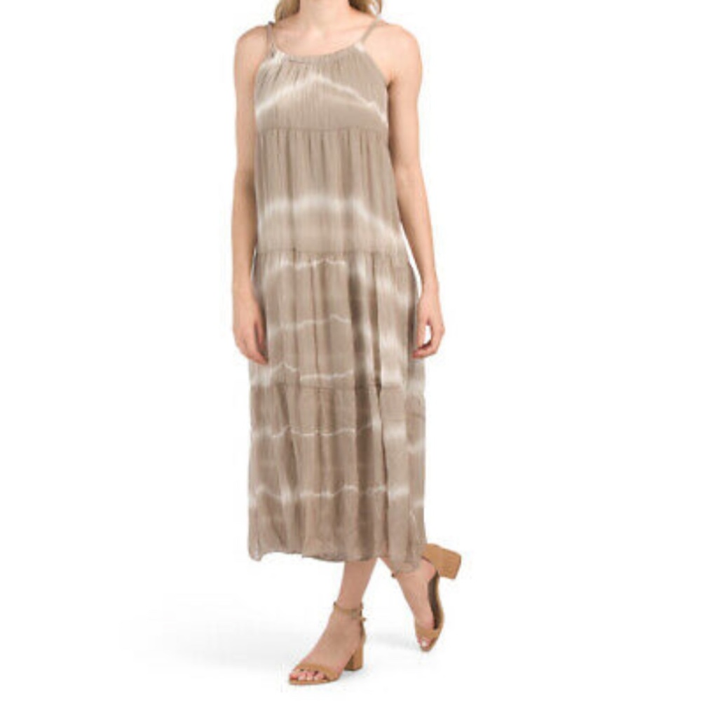 Elena Baldi Tie Dye Silk Blend Midi Dress in Fango Size M Made In Italy